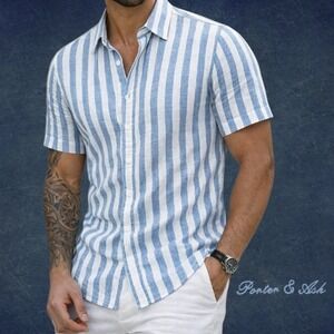 Porter & Ash Linen Button Down Shirt Mens Striped Short Sleeve Blue White M